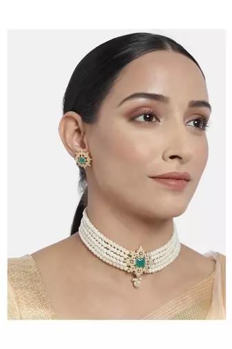 Gold Plated Traditional CZ Crystal with Pearl Choker Necklace Jewellery Set for WomenGirls (ML261G)