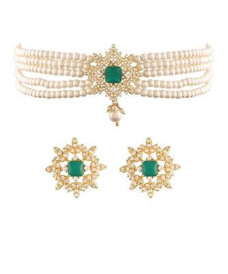 Gold Plated Traditional CZ Crystal with Pearl Choker Necklace Jewellery Set for WomenGirls (ML261G) 2