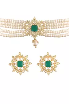 Gold Plated Traditional CZ Crystal with Pearl Choker Necklace Jewellery Set for WomenGirls (ML261G)
