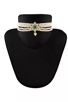 Gold Plated Traditional CZ Crystal with Pearl Choker Necklace Jewellery Set for WomenGirls (ML261G)