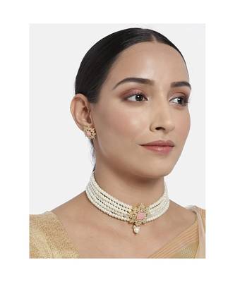 Traditional CZ Crystal Stone with Pearl Choker Necklace Jewellery Set for WomenGirls  2