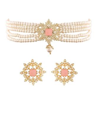 Traditional CZ Crystal Stone with Pearl Choker Necklace Jewellery Set for WomenGirls  1