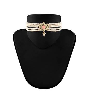 Traditional CZ Crystal Stone with Pearl Choker Necklace Jewellery Set for WomenGirls  3