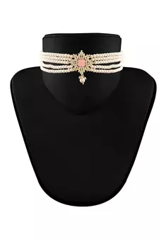 Traditional CZ Crystal Stone with Pearl Choker Necklace Jewellery Set for WomenGirls 