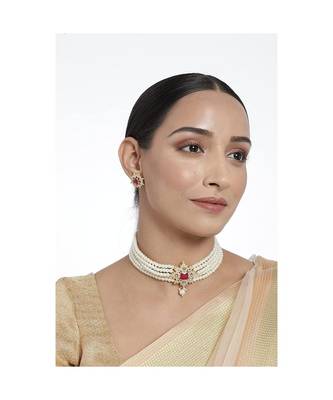 Traditional CZ Crystal with Pearl Choker Necklace Jewellery Set for WomenGirls  2
