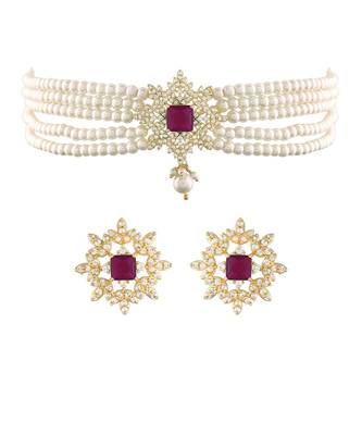 Traditional CZ Crystal with Pearl Choker Necklace Jewellery Set for WomenGirls  1