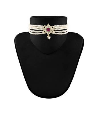 Traditional CZ Crystal with Pearl Choker Necklace Jewellery Set for WomenGirls  3