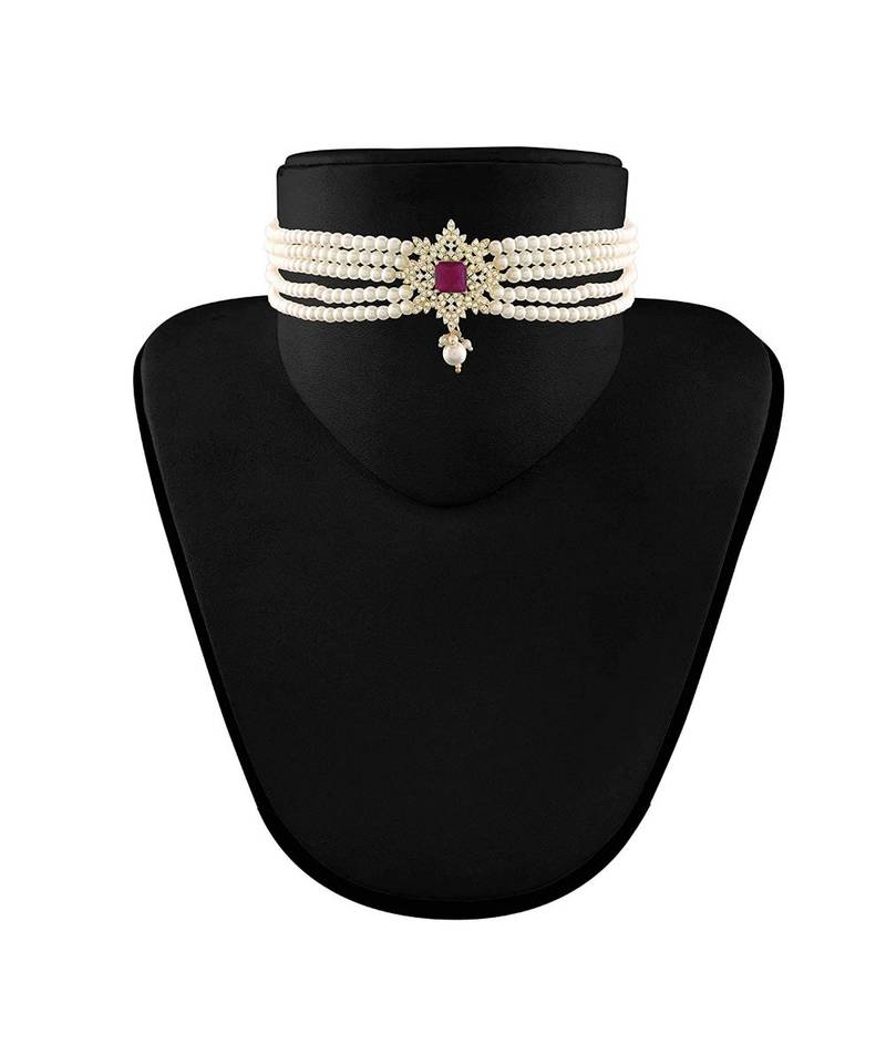 Traditional CZ Crystal with Pearl Choker Necklace Jewellery Set for WomenGirls 