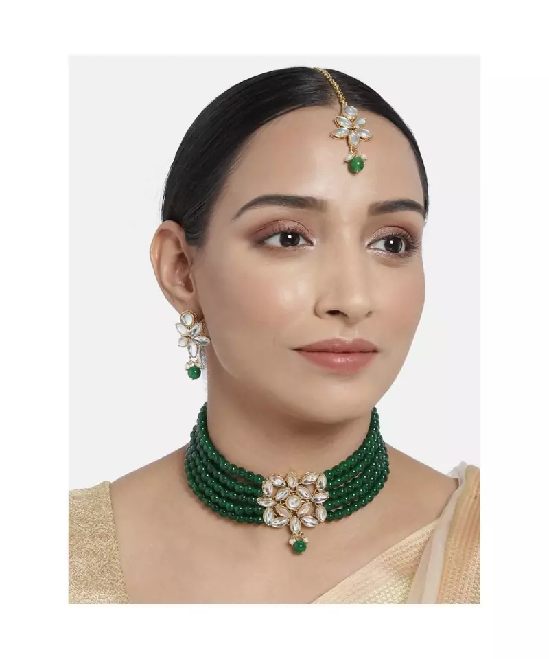 Gold Plated Traditional Kundan with Beads Choker Necklace Jewellery Set & Maang Tikka for WomenGirls (ML262G)