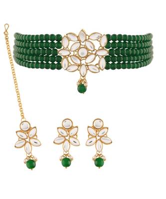 Traditional Kundan with Beads Choker Necklace Jewellery Set & Maang Tikka for WomenGirls  2