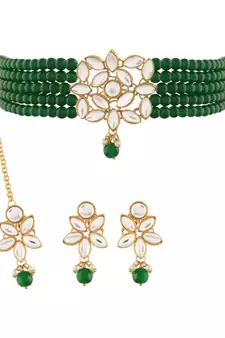 Traditional Kundan with Beads Choker Necklace Jewellery Set & Maang Tikka for WomenGirls 