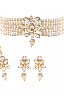 Gold Plated Traditional Kundan with Pearl Choker Necklace Jewellery Set & Maang Tikka for WomenGirls 