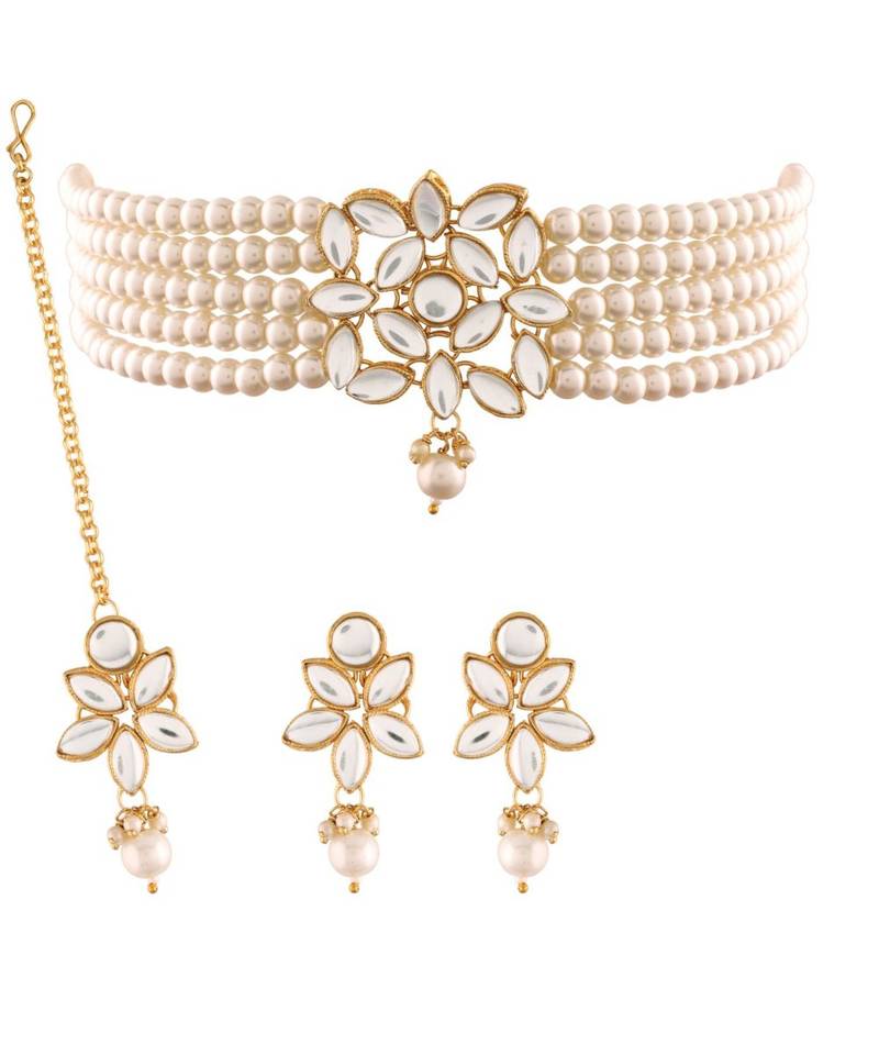 Gold Plated Traditional Kundan with Pearl Choker Necklace Jewellery Set & Maang Tikka for WomenGirls 