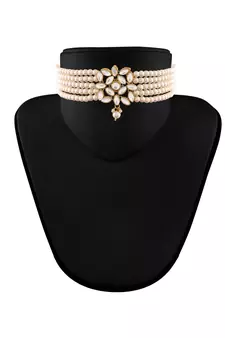 Gold Plated Traditional Kundan with Pearl Choker Necklace Jewellery Set & Maang Tikka for WomenGirls 