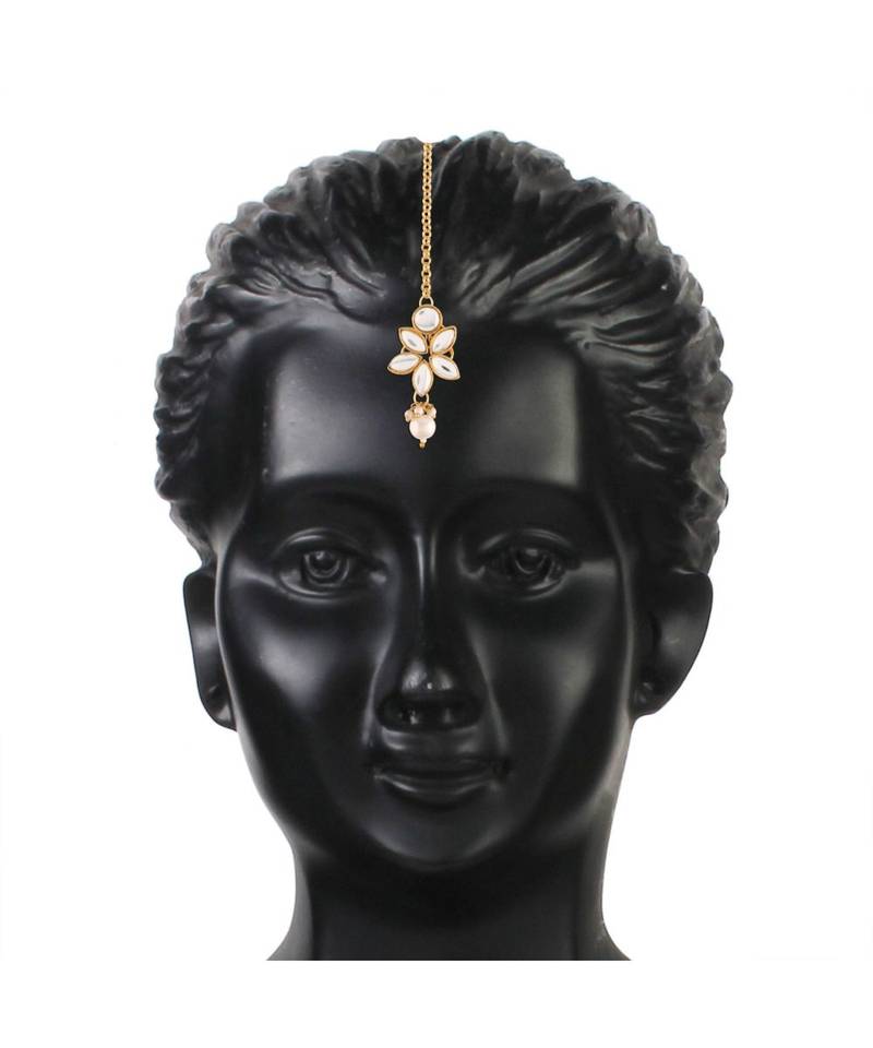 Gold Plated Traditional Kundan with Pearl Choker Necklace Jewellery Set & Maang Tikka for WomenGirls 