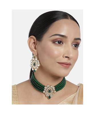 Gold Plated Traditional Kundan with Beads Choker Necklace Jewellery Set for WomenGirls  2