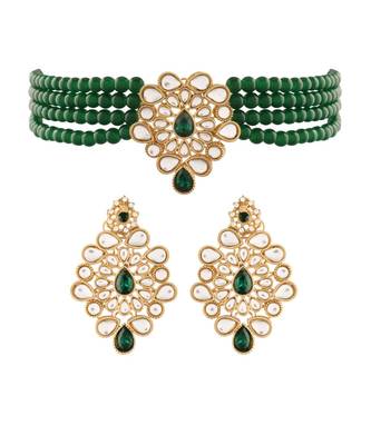 Gold Plated Traditional Kundan with Beads Choker Necklace Jewellery Set for WomenGirls  1