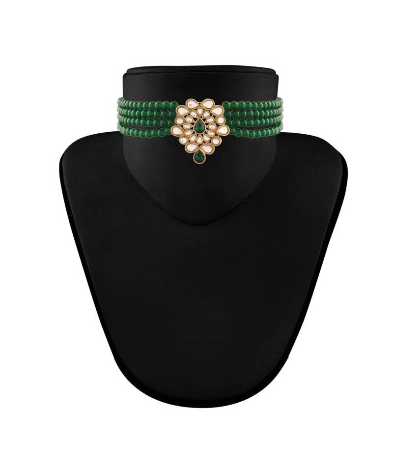 Gold Plated Traditional Kundan with Beads Choker Necklace Jewellery Set for WomenGirls 