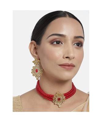 Gold Plated Traditional Kundan with Beads Choker Necklace Jewellery Set for WomenGirls (ML264MFL) 1