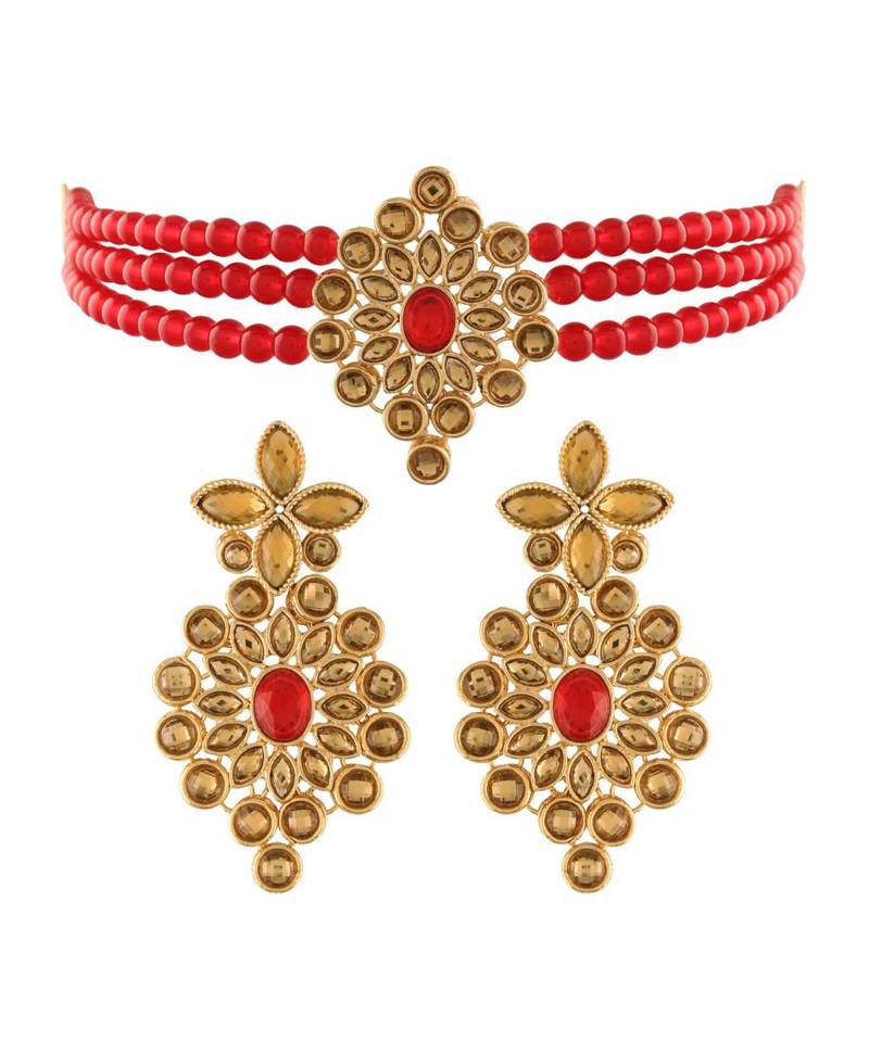 Gold Plated Traditional Kundan with Beads Choker Necklace Jewellery Set for WomenGirls (ML264MFL)