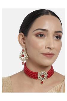 Gold Plated Traditional Kundan with Beads Choker Necklace Jewellery Set for WomenGirls (ML265M)