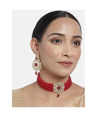 Gold Plated Traditional Kundan with Beads Choker Necklace Jewellery Set for WomenGirls  1