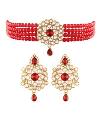 Gold Plated Traditional Kundan with Beads Choker Necklace Jewellery Set for WomenGirls  2