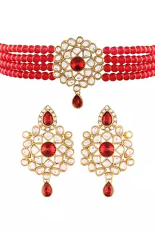 Gold Plated Traditional Kundan with Beads Choker Necklace Jewellery Set for WomenGirls 