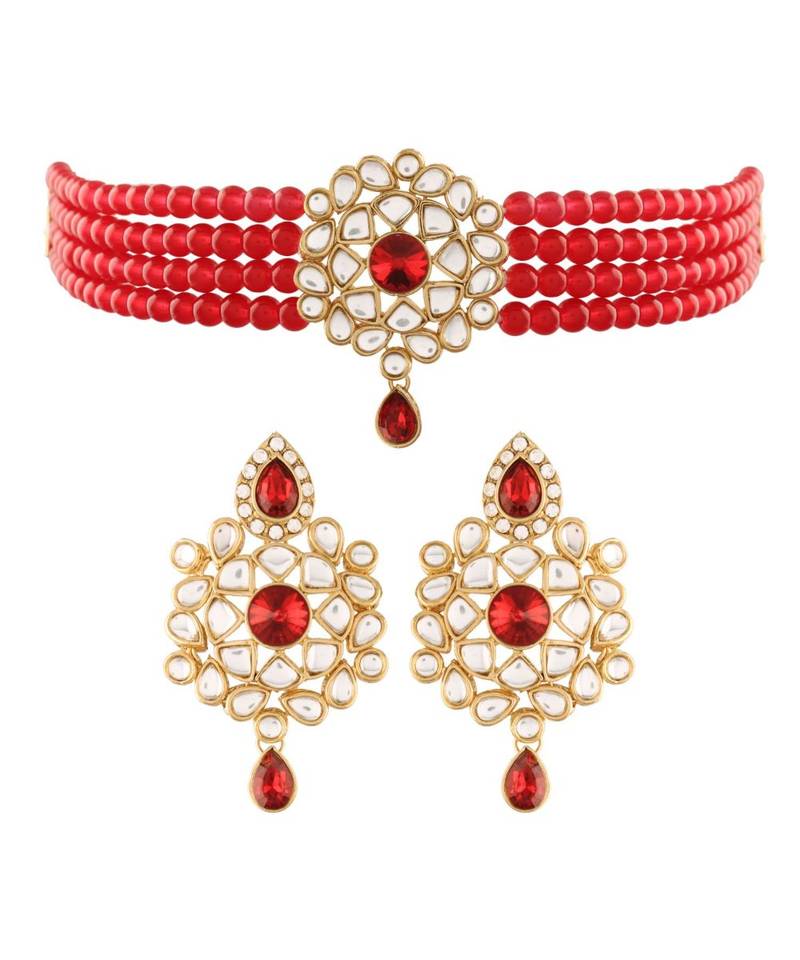 Gold Plated Traditional Kundan with Beads Choker Necklace Jewellery Set for WomenGirls 