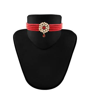 Gold Plated Traditional Kundan with Beads Choker Necklace Jewellery Set for WomenGirls  3