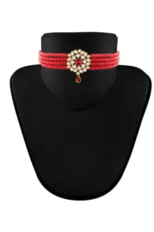 Gold Plated Traditional Kundan with Beads Choker Necklace Jewellery Set for WomenGirls 