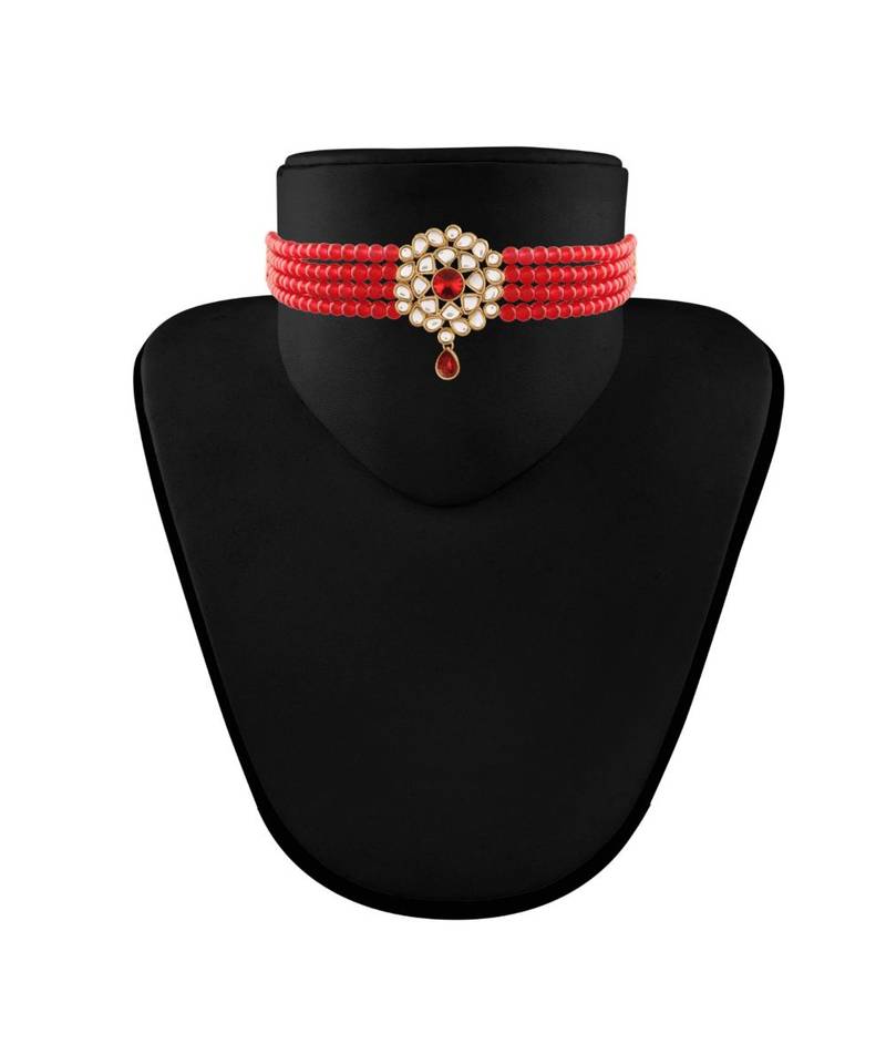 Gold Plated Traditional Kundan with Beads Choker Necklace Jewellery Set for WomenGirls 