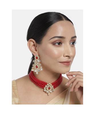 Gold Plated Traditional Kundan with Beads Choker Necklace Jewellery Set for WomenGirls  1