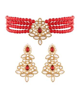 Gold Plated Traditional Kundan with Beads Choker Necklace Jewellery Set for WomenGirls  2