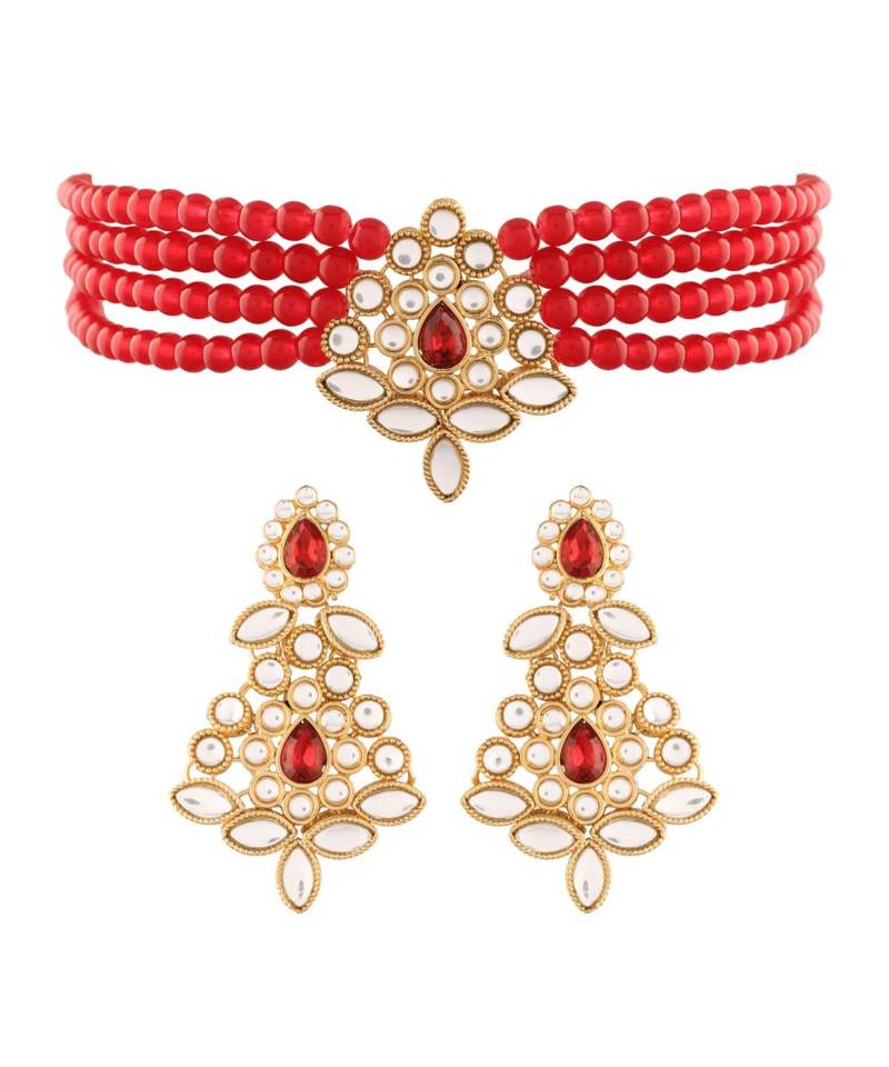 Gold Plated Traditional Kundan with Beads Choker Necklace Jewellery Set for WomenGirls 
