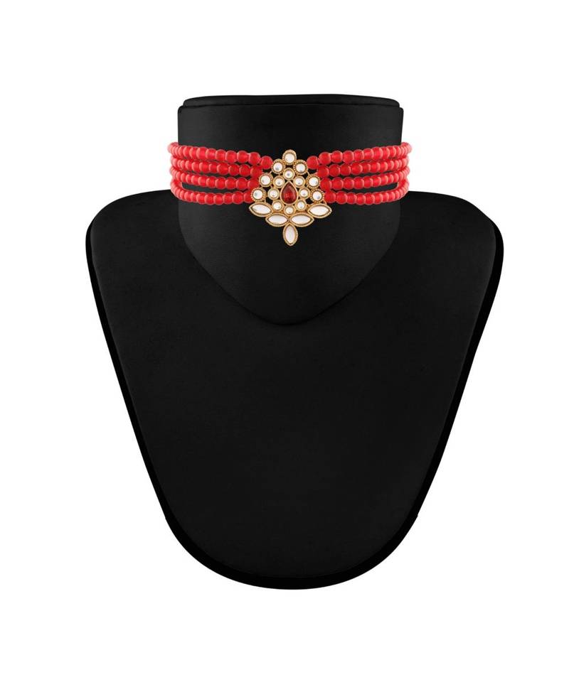 Gold Plated Traditional Kundan with Beads Choker Necklace Jewellery Set for WomenGirls 