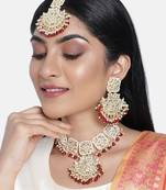 Traditional Pearl Kundan Studded Choker Jewellery Necklace Set with Maang Tikka for Women 