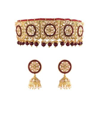 Gold Plated Traditional Kundan Pearl Choker Necklace Set with Earrings & Maang Tikka For Women (K7095DM) 1