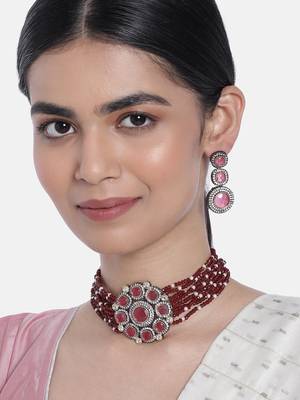 Gold Plated Traditional Maroon Stone Studded & Beaded Choker Necklace Jewellery Set For WomenGirls  1