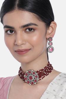 Gold Plated Traditional Maroon Stone Studded & Beaded Choker Necklace Jewellery Set For WomenGirls (K7205M)