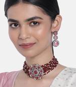 Gold Plated Traditional Maroon Stone Studded & Beaded Choker Necklace Jewellery Set For WomenGirls 