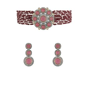 Gold Plated Traditional Maroon Stone Studded & Beaded Choker Necklace Jewellery Set For WomenGirls  2