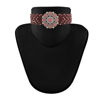 Gold Plated Traditional Maroon Stone Studded & Beaded Choker Necklace Jewellery Set For WomenGirls  3