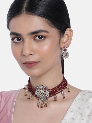 Traditional Maroon Stone Studded & Beaded Choker Necklace Jewellery Set For WomenGirls  1
