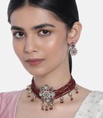 Traditional Maroon Stone Studded & Beaded Choker Necklace Jewellery Set For WomenGirls 