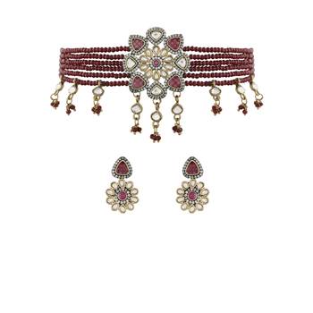 Traditional Maroon Stone Studded & Beaded Choker Necklace Jewellery Set For WomenGirls  2