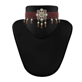 Traditional Maroon Stone Studded & Beaded Choker Necklace Jewellery Set For WomenGirls  3