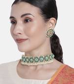 Gold Plated Traditional Green Kundan & Pearl Studded Choker Necklace Jewellery Set For WomenGirls 