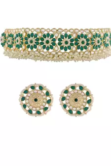 Gold Plated Traditional Green Kundan & Pearl Studded Choker Necklace Jewellery Set For WomenGirls 