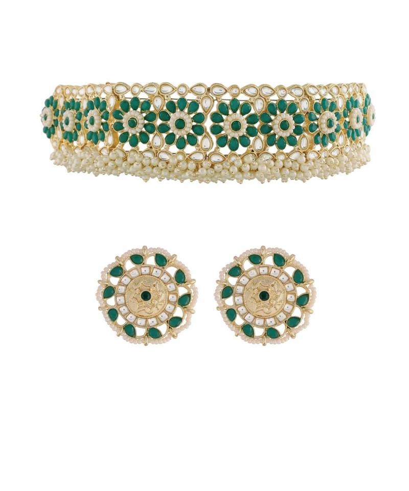 Gold Plated Traditional Green Kundan & Pearl Studded Choker Necklace Jewellery Set For WomenGirls 
